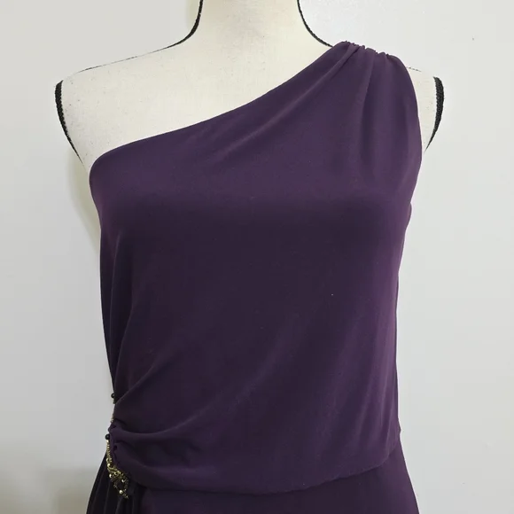 CALVIN KLEIN size 6 Stretch Zip Ruched One Shoulder Embellished Dress Purple - Picture 4 of 16